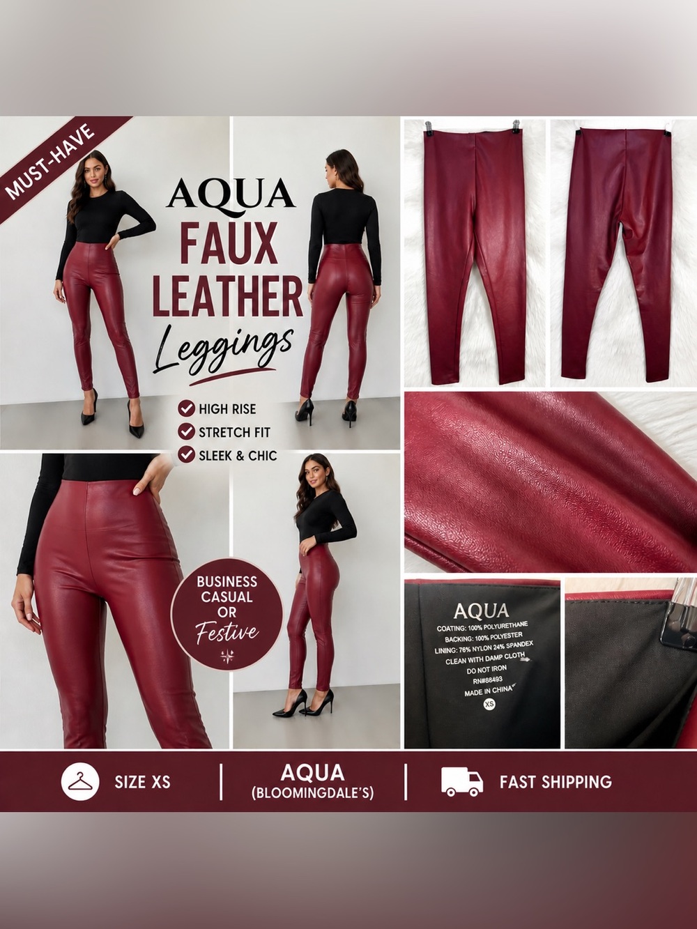 AQUA Burgundy Faux Leather Leggings High Rise Stretch Pants XS